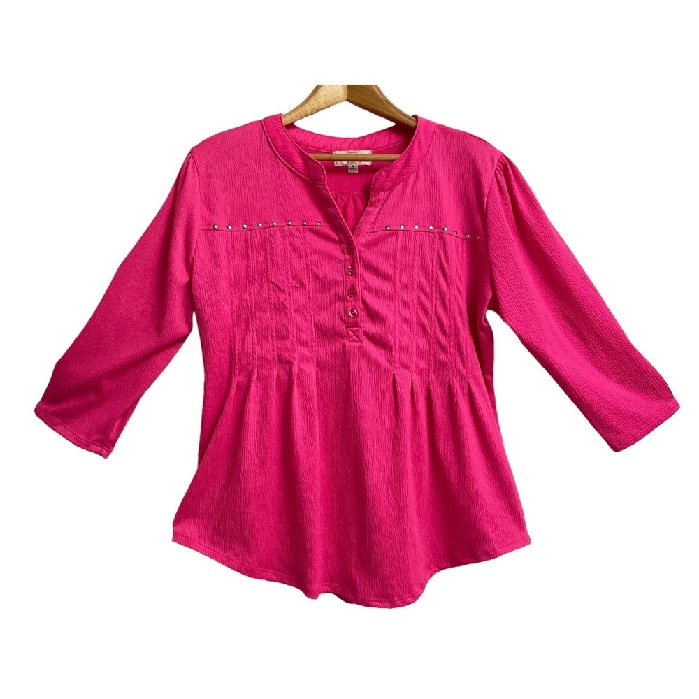 Shannon Ford New York Blouse Womens Size M Pink Studded Pintuck 3/4 Sleeve